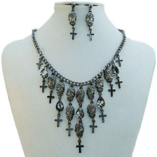 Skull Cross Drop Necklace Earring Set Black Rhinestone Crystal