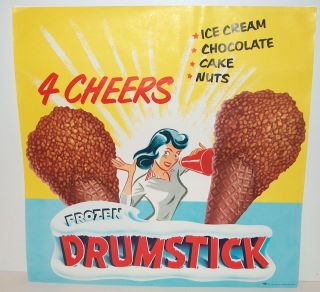 VINTAGE COLORFUL DRUMSTICK ICE CREAM SIGN PIN UP CHEERLEADER SCHOOL