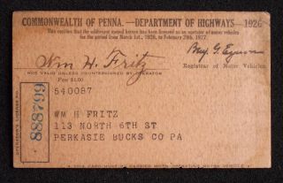 1926 Pennsylvania Drivers License Fritz Perkasie PA Lic