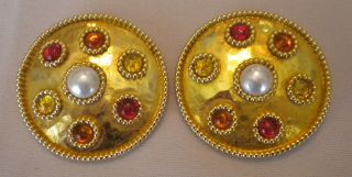 Vintage Dominique Aurientis Paris Gold Tone w Stones Clip Earrings Red
