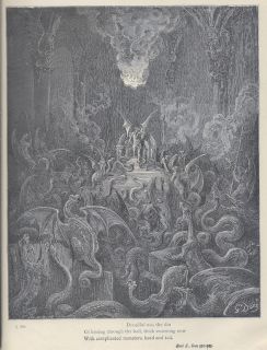 GUSTAVE DORE Lucifer Dragons 19th c wood engraving Print Milton Goth