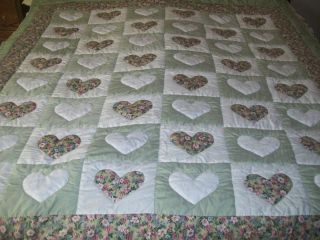 Handmade Heart Quilt, Lite Green, Floral Print, White Eyelet
