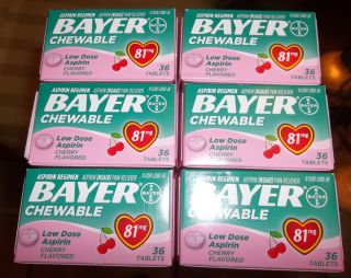 Lot of 6 Boxes Bayer Low Dose Cherry Baby Aspirin 81 MG Chewable 216