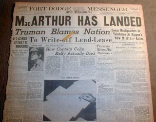 1945 WW II Newspaper Gen MacArthur Lands in Japan to Accept Japanese
