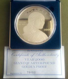  Plated 999 Silver 2000 Giant Quarter Pound Sacagawea Dollar Coin w COA