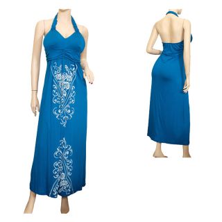 Plus Size Royal Blue Embroidered Halter Dress