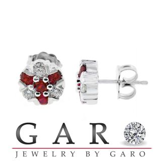 80 Carat Cluster Flower Ruby Diamonds Stud Earrings 14k White Gold