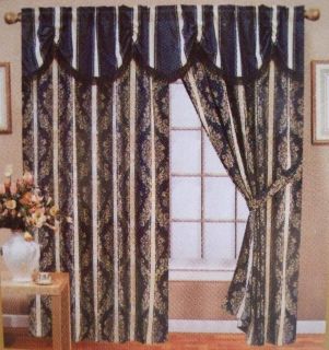 Luxurious Navy Blue Jacguard Curtain W Attached Valance Tieback