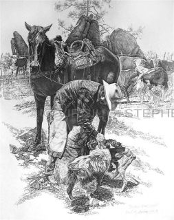 Pencil Drawing Western Artwork of Ranch Cowboy Praising His Dogs After