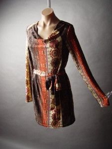  Tapestry Folk Print Ethnic Bohemian 60s Cowl Neck Sweater Knit Dress M
