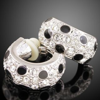 p209 White gold GP Swarovski Crystal black Enamel Earring Clip on