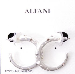  Hypo Allergenic Matte Finish w/ Crystal Trim Silver Tone Hoop Earrings