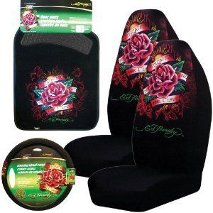 ED HARDY DEDICATED TO THE ONE I LOVE 5 PC SEAT COVERS FLOOR MATS