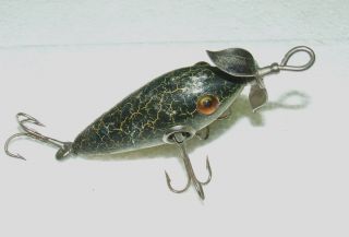 Antique Heddon Dowagiac Wooden Fishing Lure Green Crackle Glass Eyes