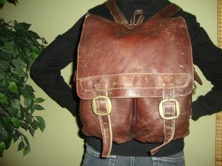 Brown Vintage Distressed Leather Backpack Rucksack Tote Bag Carry On
