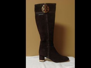 525 Tory Burch Gold Logo Edith Brown Knee High Suede Boots Shoes Flats