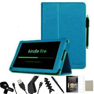 Kindle Fire PU Leather Case Cover Car Charger USB Cable Stylus P