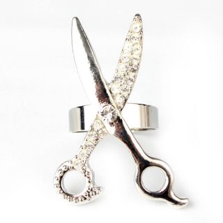 Scissors Silver Adjustable Rhinestone Metallic New Ring
