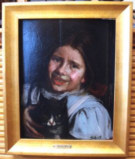 Girl with Kitten Oil on Board F Hutton Shill