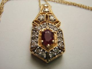 Estate 14k Yellow Gold Ruby & Diamond Pendant with 14K 18 inch chain