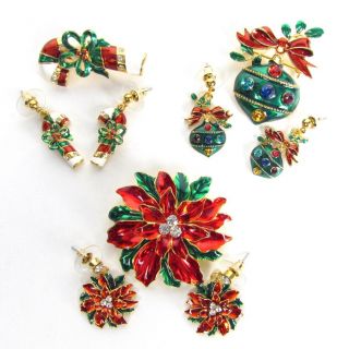 Christmas Pin Pendant Earring 2pc Set Candy Cane Poinsettia or