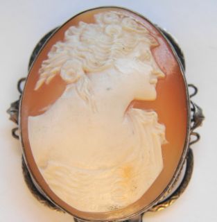 Victorian Shell Cut Cameo Brooch Pin Sterling Silver