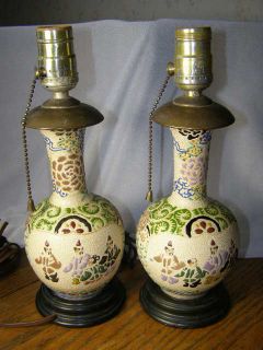 PAIR Chinese Enamel Decorated Lamps w Elders