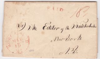 Worcester MA to New York NY 1840 Stampless Cover Letter