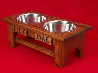 Elevated Raised Dog Feeder Bowl Dish Solid Oak Wood 9 Free Name Stain