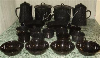 Enamelware Black Speckled Camping Cookware 23 Pieces GC
