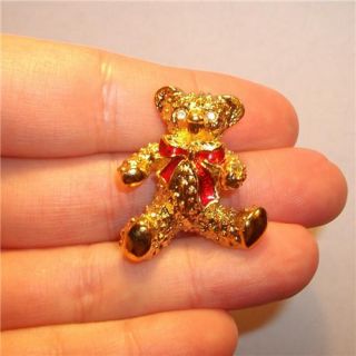  Signed Teddy Bear Pendant Slide Pin Brooch Crystal Christmas
