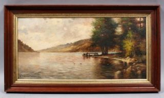Antique American Hudson River School Panoramic Lake George Listed Oil
