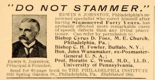 1898 Vintage Ad Edwin S. Johnston Stammering Cure   ORIGINAL