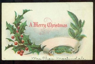 Merry Christmas Holly Berries Scroll Vintage Postcard