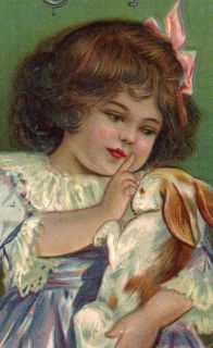 1914 Easter Postcard Antique Victorian Little Girl Pets Rabbit Nest of