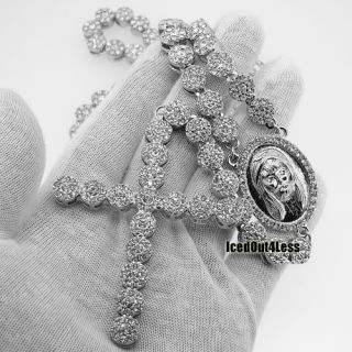 Mens Classic Silver Finish Fully Iced Out Super Clean Cluster Rosary