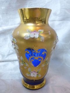 Bohemia Glass Made in Czelchoslovakia Blue Gold Floral Decal Vase