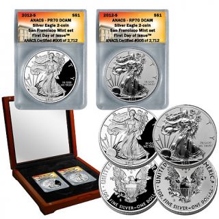  American Eagle Coins 2012 PR70 and RP70 FDOI LE Silver Eagle Dollars