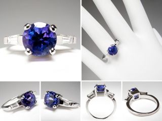 Genuine Tanzanite Engagement Ring w/ Baguette Diamond Accents Solid