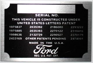   Number Data Plate Engine Identification Tag Patent Plate Street Rod