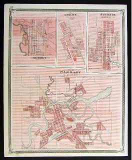 1876 Indiana Town Map Elkhart Goshen Argos Bourbon