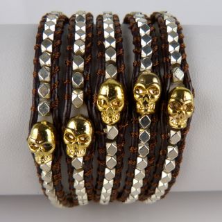 Chan Luu Silver Gold Skull Brown Leather Wrap Bracelet