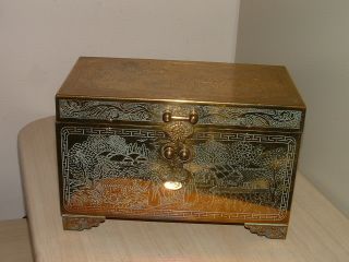 VINTAGE ENGRAVED BRASS ASIAN JEWELRY BOX W MIRROR AND BURGUNDY LACQUER