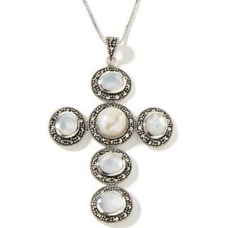   Pearl and Marcasite Sterling Silver Cross Pendant with 18 Box Chain