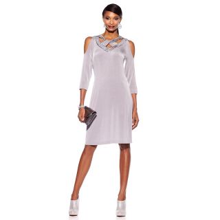 Slinky® Brand Cold Shoulder Dress with Sequin Neckline