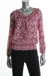 Ellen Tracy New Pink Pattern V Neck Smocked Cascade Ruffled Blouse Top