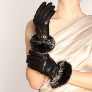 Black M ELMA Lady Winter warm nappa leather Gloves Gold Plated logo