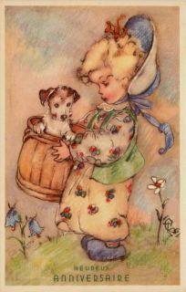 Artist Signed Erna Maison Birthday Girl Dog in Basket Vintage Postcard