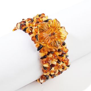Carved Flower Multicolor Amber Stretch Bracelet