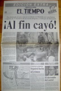 Pablo Escobar Death Annoncement Newspaper Authentic El Tiempo Speical